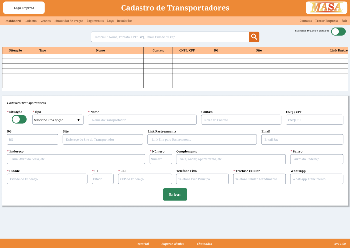 Tela Cadastro Transportadores